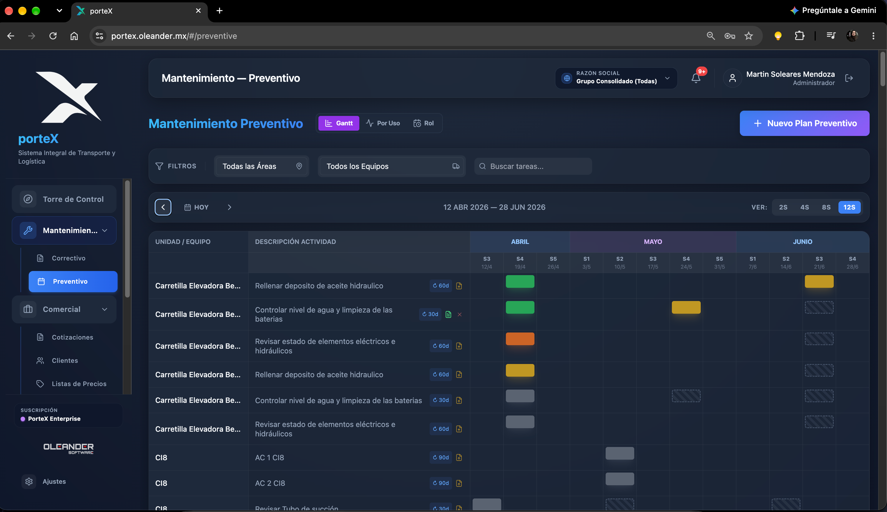 PorteX Captura 2 - Mantenimiento Preventivo Vista Gantt