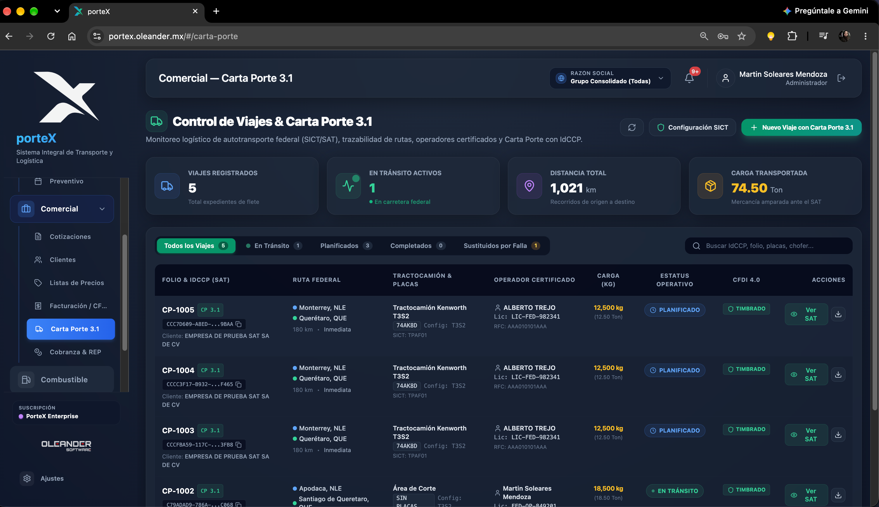 PorteX Captura 3 - Control de Viajes y Carta Porte 3.1